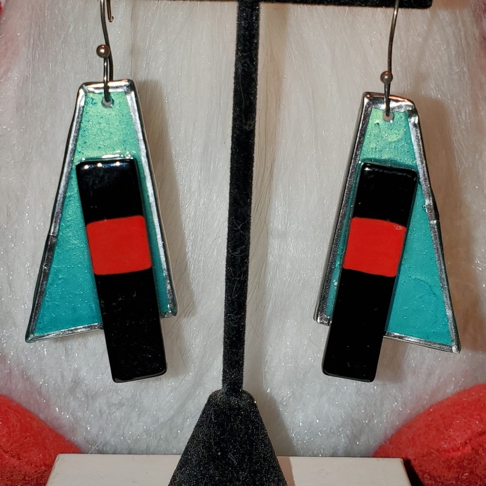 Lalo Treasures Dangle Earrings Black Red Teal Resin